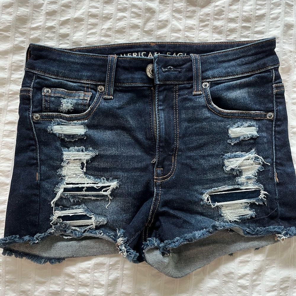 American Eagle High-Waisted Blue Jean Shorts (Distressed)